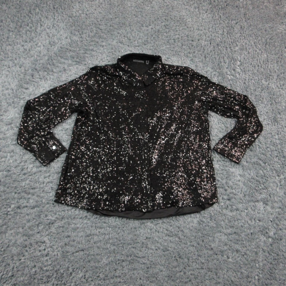 Susan Graver Occasions Shirt Womens M Black Tunic Long Sleeve Collared Sequin